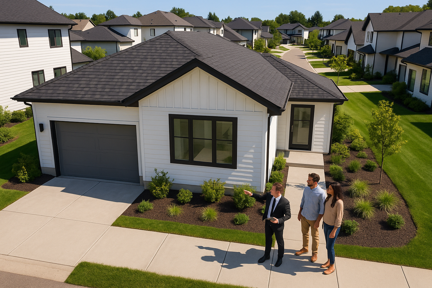 Real estate agent with aerial property view