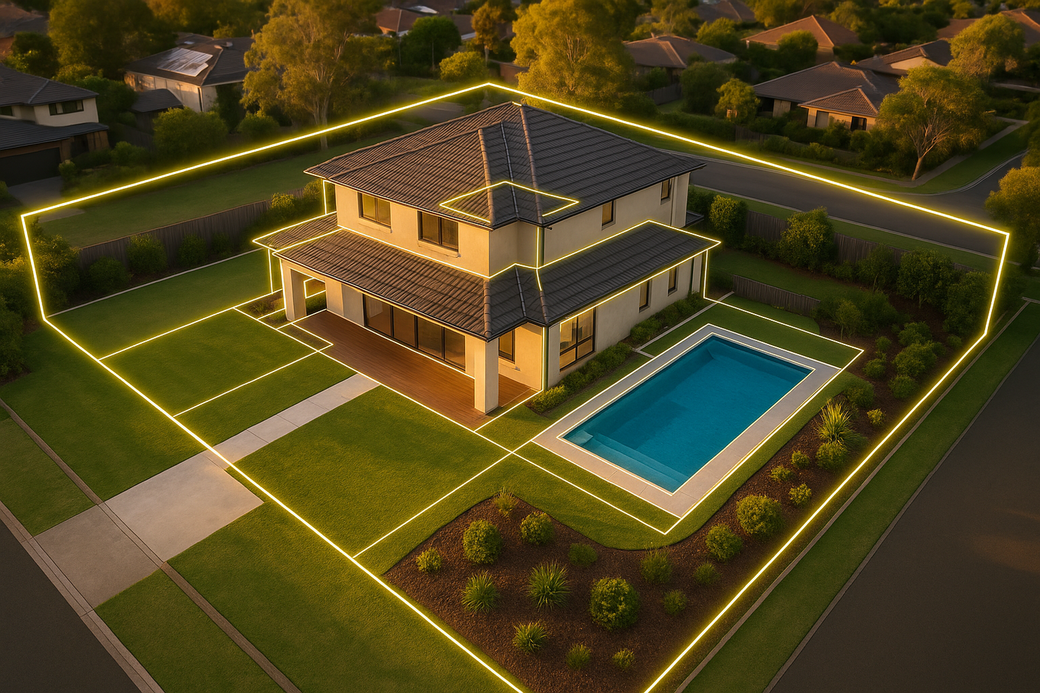 real estate drone shot with outlines